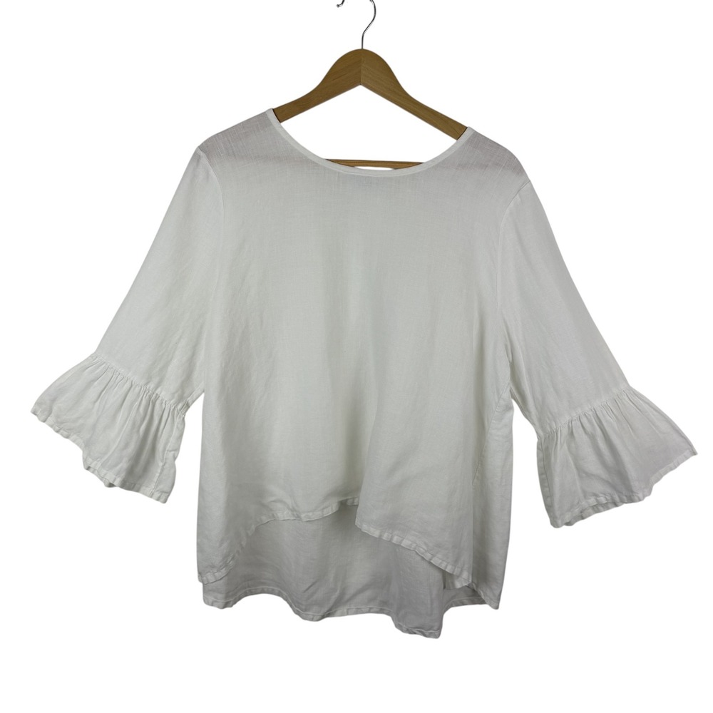Bryn Walker‎ White 100% Linen Bell Sleeve Blouse Medium Lagenlook Coastal Beachy